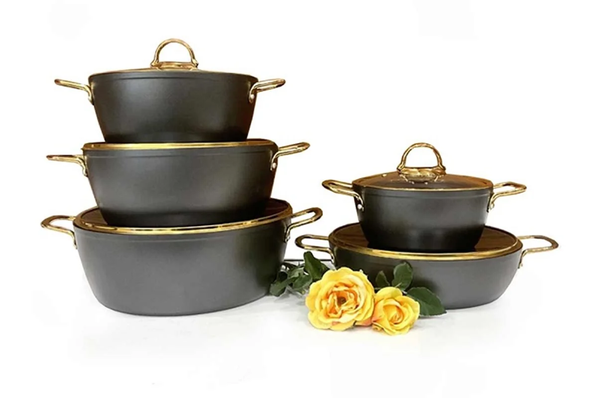 سرویس قابلمه یونیک طوسی 10 پارچه درب منحنی طلایی UN-8335